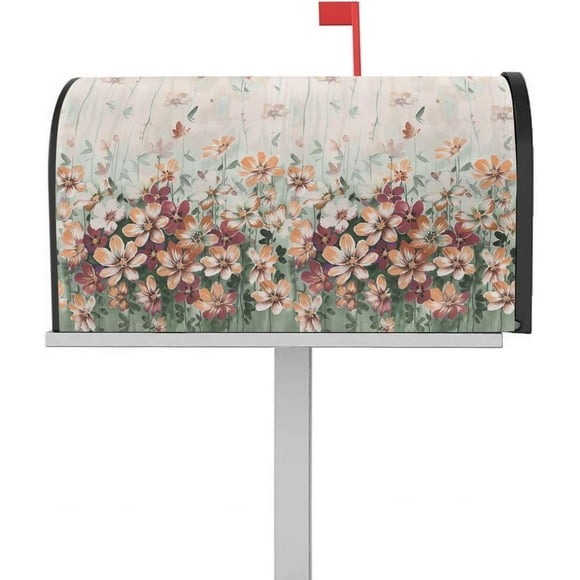 Orange Red Flowers Mailbox Cover Magnetic Mailbox Wraps, Spring Summer Colorful Floral Mailbox Covers Standard Size 18x21 inch,Rustic Mail Wrap Post Letter Box Decoration for Outdoor Gardern Yard