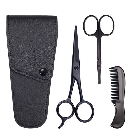 Beard Mustache Scissors and Comb Kit with PU Storage Bag, Rounded Safety Nose Hair Scissor for Men and Women Care Grooming, Ear Trimming Tool, Shears for Personal Grooming, Cutting & Styling
