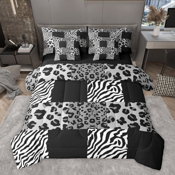 Homewish Leopard Zebra Print Twin Bedding Sets 7-Piece for Boys Girls,Geometric Plaid Grid Bedding Comforter Set Microfiber,Abstract Animal Stripes Breathable Sheet Sets,Breathable Home Decor