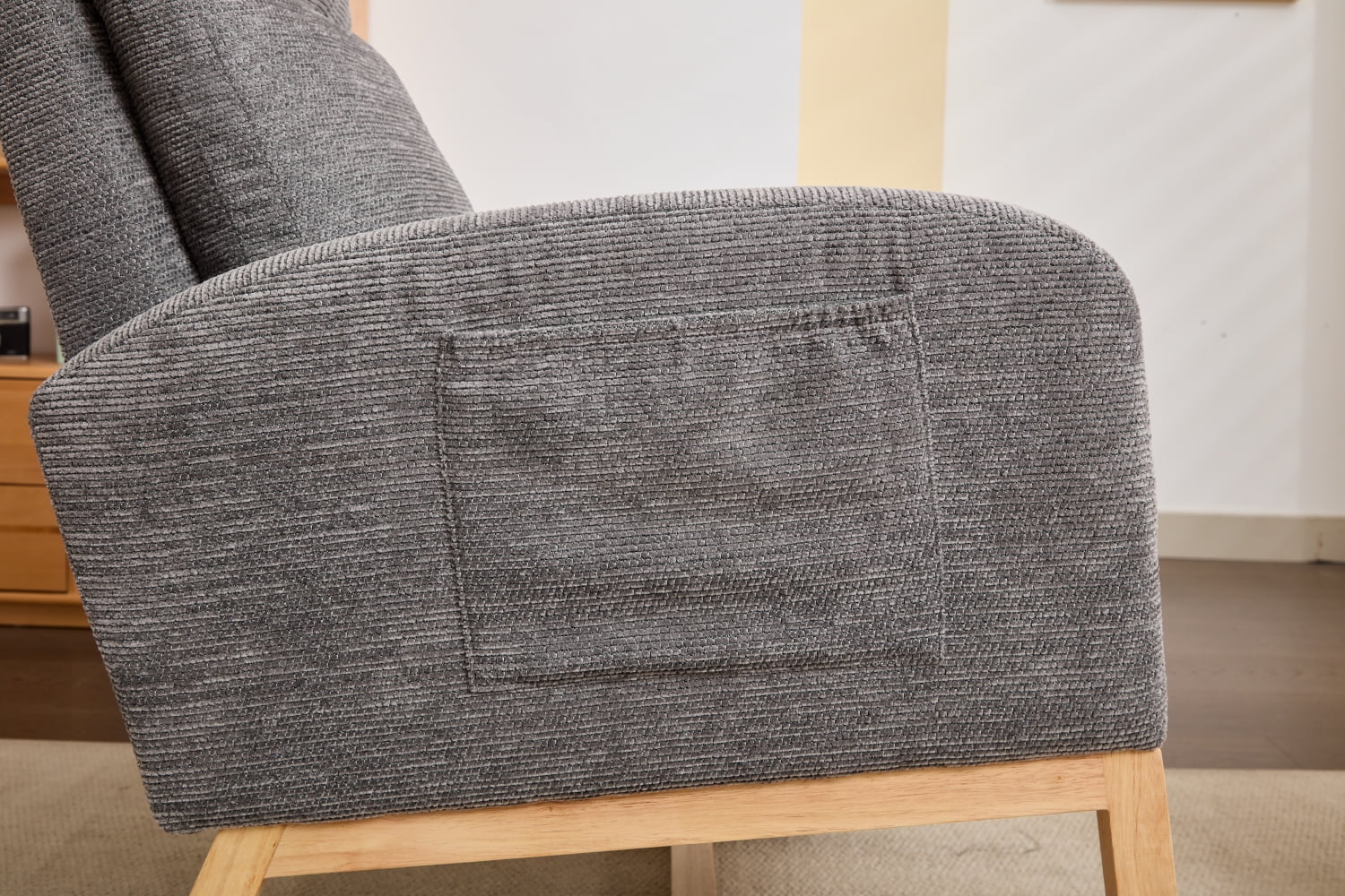 Lisonu Modern Nursery Glider Rocking Chair, Upholstered High-Back Rocker in Dark Gray Teddy Fabric, Comfy Lounge Armchair with Side Pocket & Solid Wood Legs