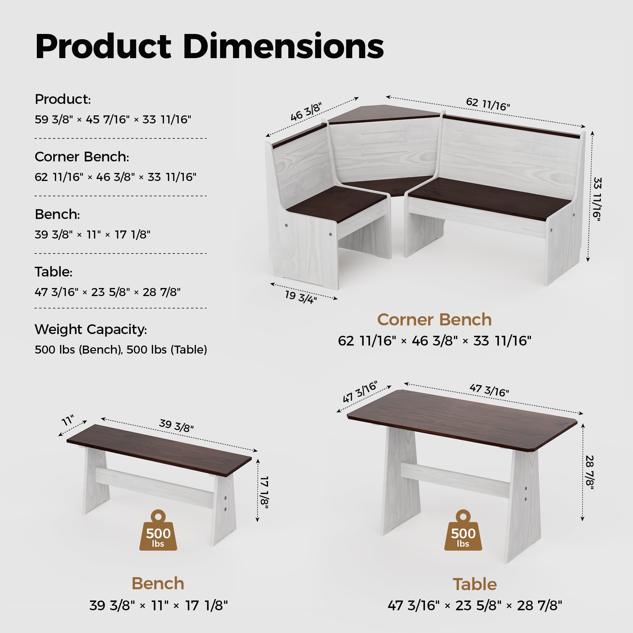 Breakfast Nook Kitchen Corner Dining Table Set, Nook Table Dining Room Sets for 3-5 with Bench, Farmhouse Corner Banquette Seating, White/Brown