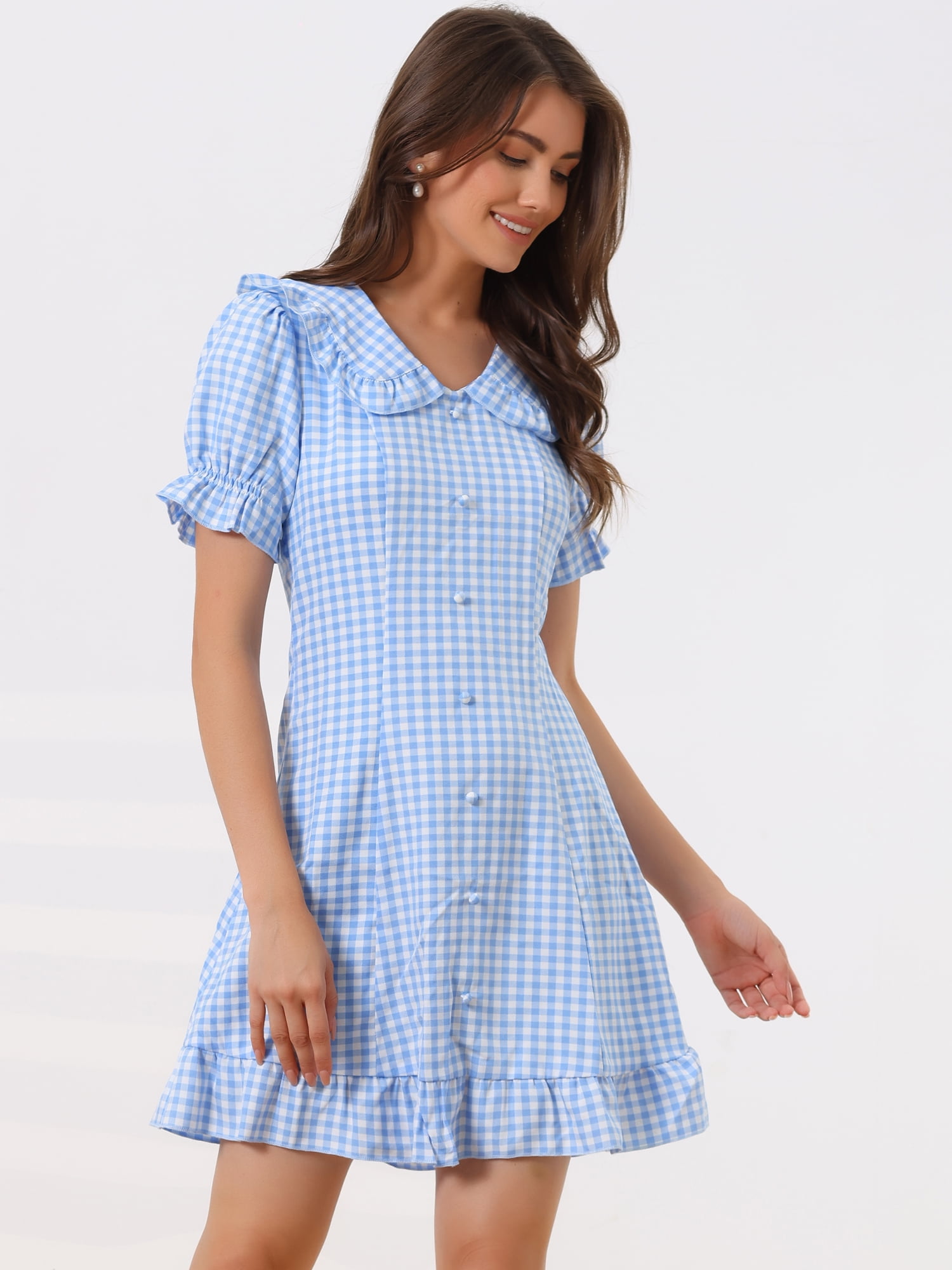 DARING DIVA Gingham Print Ruffled Doll Collar Puff Sleeve Mini Dress S Light Blue