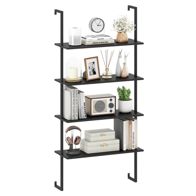 Costway 1 PCS 4-Tier Wall-Mounted Bookshelf, Floating Storage Display Shelves with Metal Frame Black