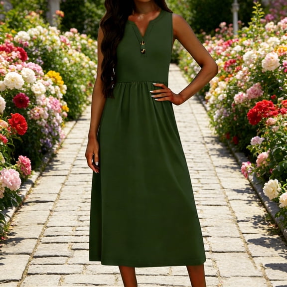 YuXingFu Cotton Dresses Casual Summer Maxi Crew Neck Plus Size Womens Dress Sleeveless Solid Color Slim Fit Long Casual Summer Green S