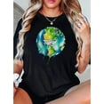 thumbnail image 1 of Women's Casual Paper Airplane & Earth Graphic Tee - Comfy Crew Neck Short Sleeve T-Shirt, Perfect for Summer, 1 of 6