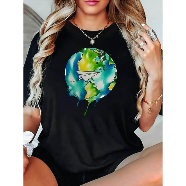 Women's Casual Paper Airplane & Earth Graphic Tee - Comfy Crew Neck Short Sleeve T-Shirt, Perfect for Summer