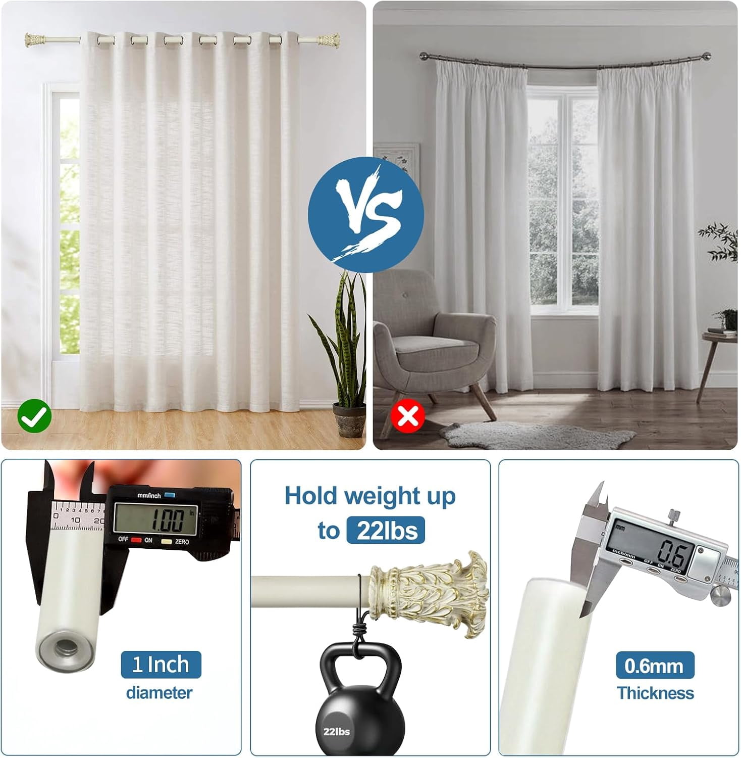 Urbanest Adjustable Single Curtain Rod Set Gilded Chilton Finials – 1 - Inch Diameter, With French White Rod, 48–84 Inches