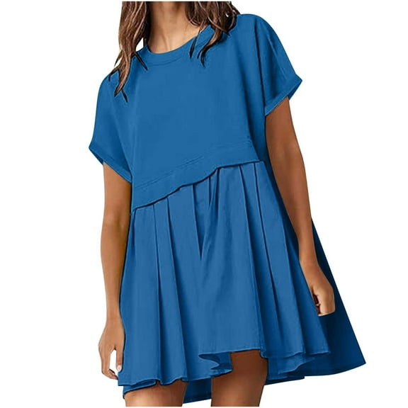 Casual Dresses Sevevn Womens Solid Cute Pleated Dress Patchwork Casual Short Sleeve Loose Summer Mini Dress