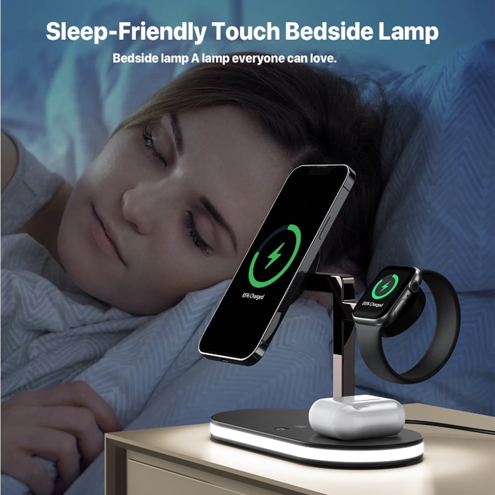 4 in 1 Aluminum Alloy Magnetic Wireless Charger Stand for Charger Stand Sdxps Fast Wireless Charging Station for iPhone 15 14 13/12 Series Apple Watch Airpods with LED Lamp 18W Adapter Black