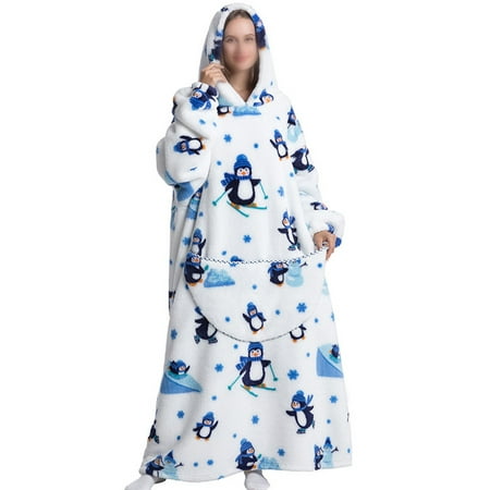 

Frontwalk Women Lounge Fuzzy Fleece Oversized Wearable Blanket Long Sleeve Kangaroo Pocket Sleep Dress Pajama Nightgowns Penguin Print