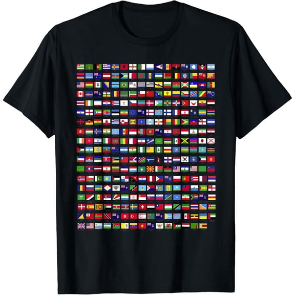 World Flags T-Shirt International Country Flags Graphic Tee Global Traveler Apparel Geography Teacher Gift Men Women Unisex Retro Short Sleeve Black Top