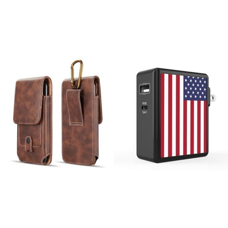 

Holster and Wall Charger Bundle for TCL 30 Z: Vertical Magnetic Belt Pouch Case (Brown) and 45W Dual USB Port PD Power Delivery Type-C and USB-A Power Adapter (American USA Flag)