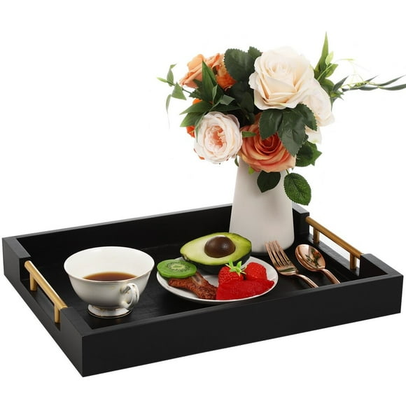 Wood Serving Tray with Handles, 16" Solid Wood Ottoman Tray, Modern Decorative Coffee Table Tray, Rectangular Organizer for Living Room, Bathroom, Wooden Centerpiece for Dining Table