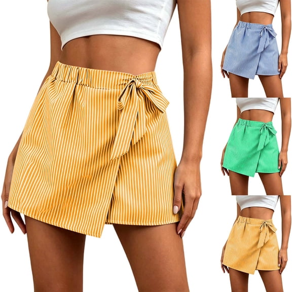 Nmnitkp Skirts for Women Striped Tie-Wrap Skort, Elastic High Waist Casual Wrap Shorts, Lightweight Summer Skirt for Beach, Vacation & Daily WearOrange,S