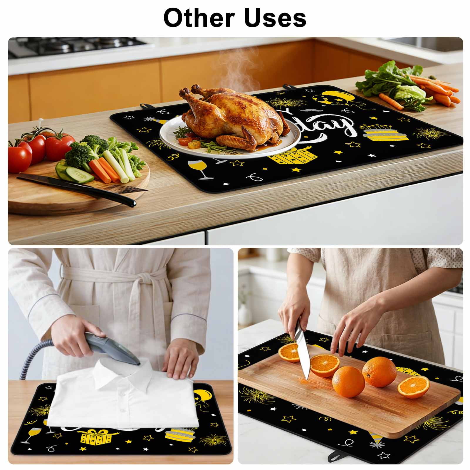 Happy Birthday Stove Top Cover for Electric Stove, Heat-proof & Non Slip Glass Top Stove Cover Protector, Yellow Cake Birthday Gifts Balloon Black Kitchen Flat Cooktop Rubber Mat 24x21 Inches