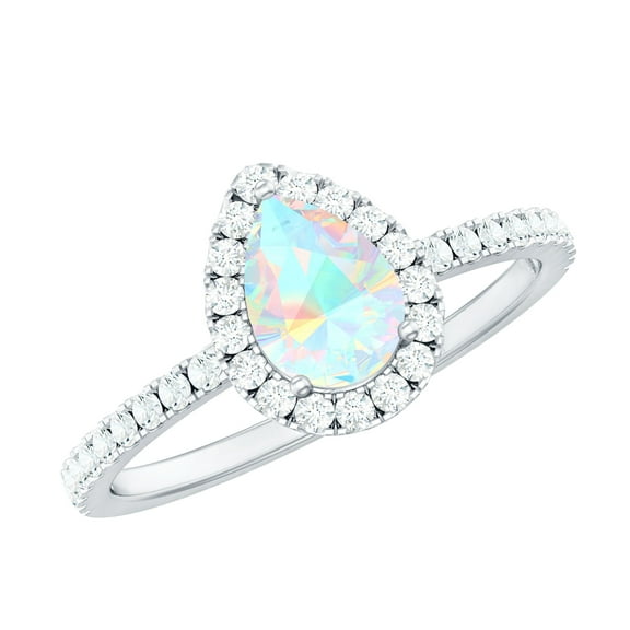 Rosec Jewels Real Ethiopian Opal Teardrop Engagement Ring with Halo - 5X7 mm - Opal Diamond Ring for Women - AAA Quality, 925 Sterling Silver, US 4.00
