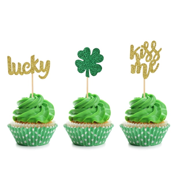 28-Piece Glitter Shamrock Cupcake Toppers - St. Patrick's Day Party Decor, Wood Picks With 6 Designs
