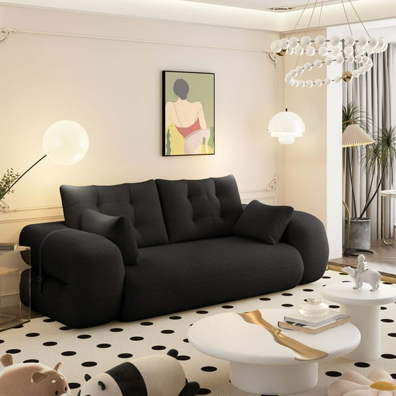 Miniyam 79" Foldable Sofa Bed for Living Room, Black Lazy Sofa Couch with Pillows, 3-in-1 Teddy Fabric Foam-Filled Human Dog Bed for Guest Bed, Playroom Sleeper
