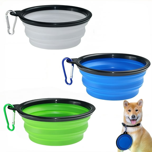 3PCS   Large Folding Pet Bowl  with Clips in Black Frame Blue Green White