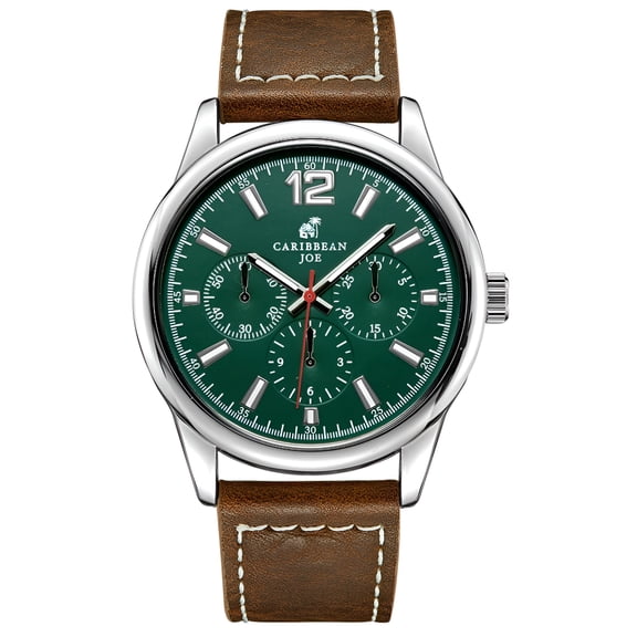 Carribean Joe Men's Analog Watch, 42.5mm Silver-Tone Round Case, Dark Green Dial with Faux Subdials, Brown Vegan Leather Strap, Quartz Battery Movement