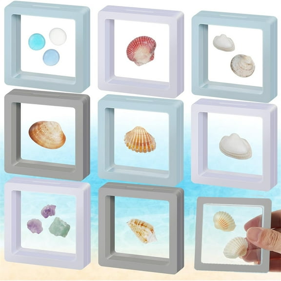 NOGIS 9 Pcs Seashell Holder 3D Floating Display Box 2.7 x 2.7 Inches Transparent Display Shelf Cases for Sea Shell Collectibles, Crystal Rock, Diamonds, Jewelry, Badges Decoration (Multicolor)