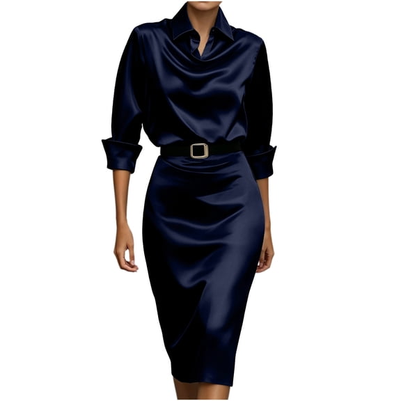 Idoravan Fashion Women's 3/4 Sleeve Turndown Collar Solid Button Casual Summer Dress