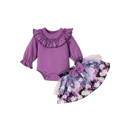 

Kiapeise Baby Girl Skirt Suit Ruffled Long Sleeve Romper Floral Printed Bow Skirt Two-piece