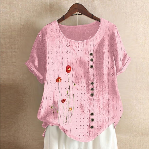 Fiudx Ofertas Flash Del Día Blusa de Manga Corta Holgada y Cómoda con Estampado a La Moda para Mujer, Tops Informales con Cuello Redondo y Cierre de Corte con Botones
