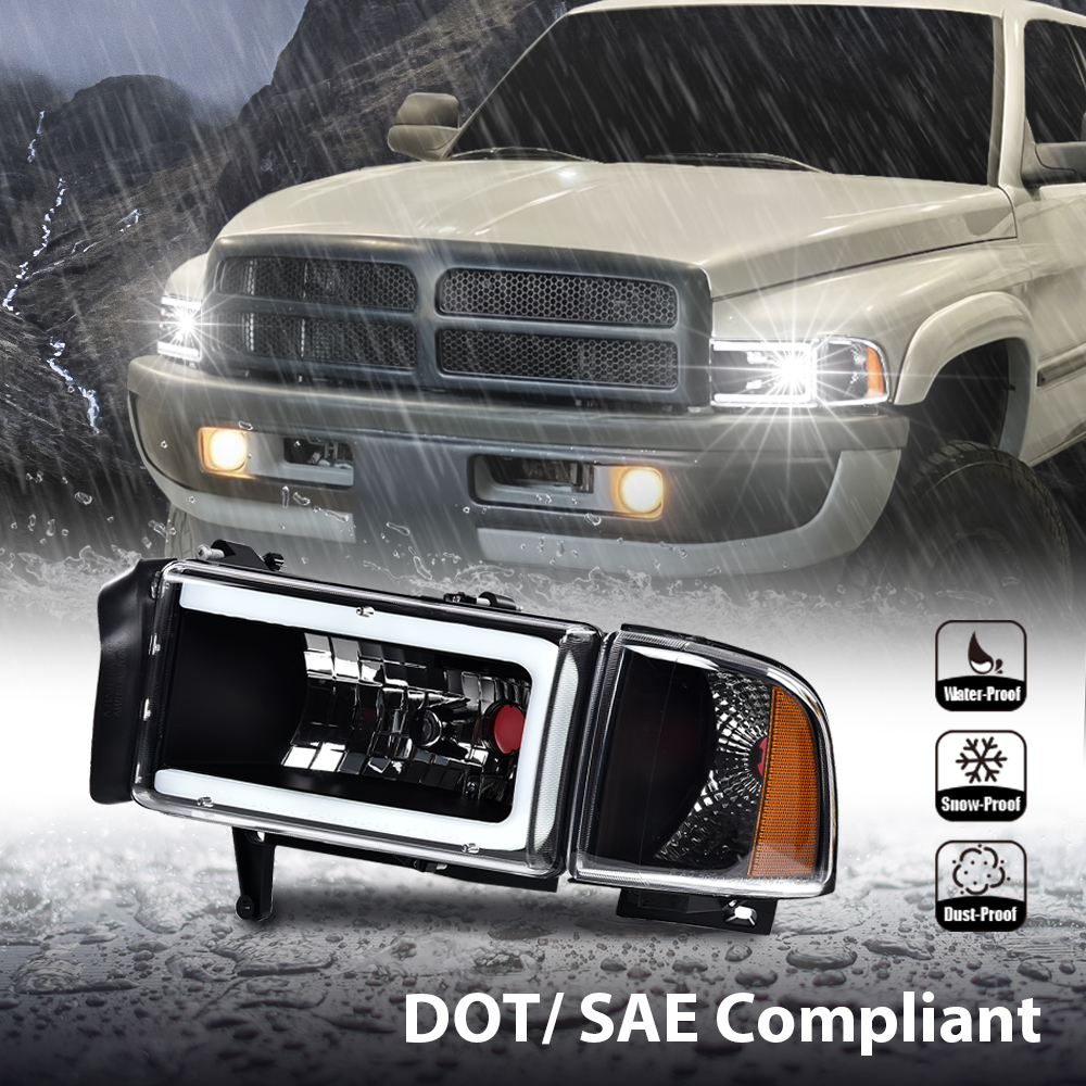 LED Tube C Light Bar Headlights For 1994-2002 Dodge Ram 1500 2500 3500 – Black