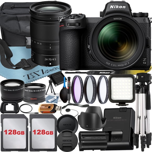 Nikon Z6 II Mirrorless Camera with NIKKOR Z 24-70mm f/4 S Lens + 128GB Card + Case + Wide angle + Tripod + ZeeTech Accessory Bundle