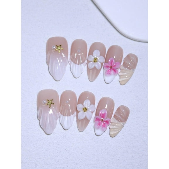 White And Rose Color 3D Hand Carved Flowers Pattern Nail Decoration French Style 100% Handmade Press On Nails Almond 10pcs Fake Nail Tips Reusable DIY Nail Art Design Nail Beauty