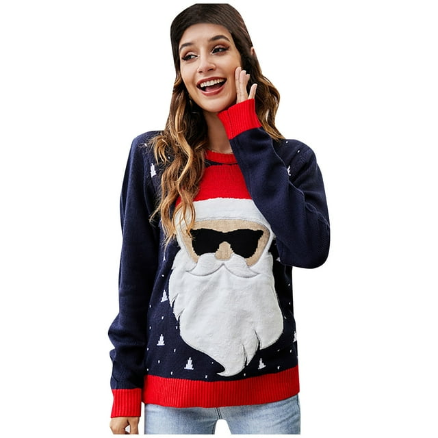 Chandail de Noël pour Femmes Imprimé Cardigan Chaud Mi-Long Fermeture Vêtement Décontracté en Tricot Torsadé Mode Chandail Col Rond Blouse
