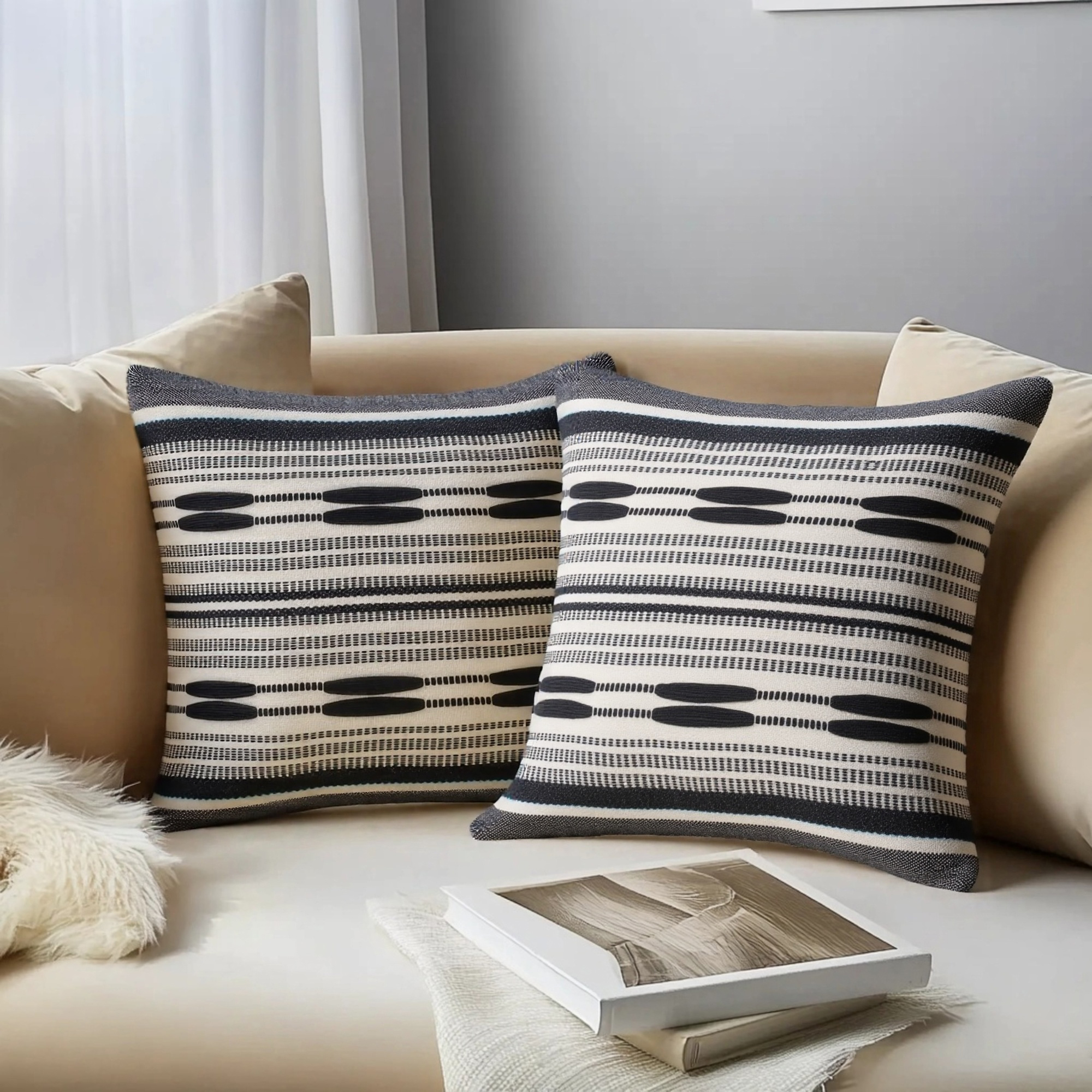 Unique Bargains Boho Striped Throw Pillow Covers Pack of 2 Black 18" x 18"