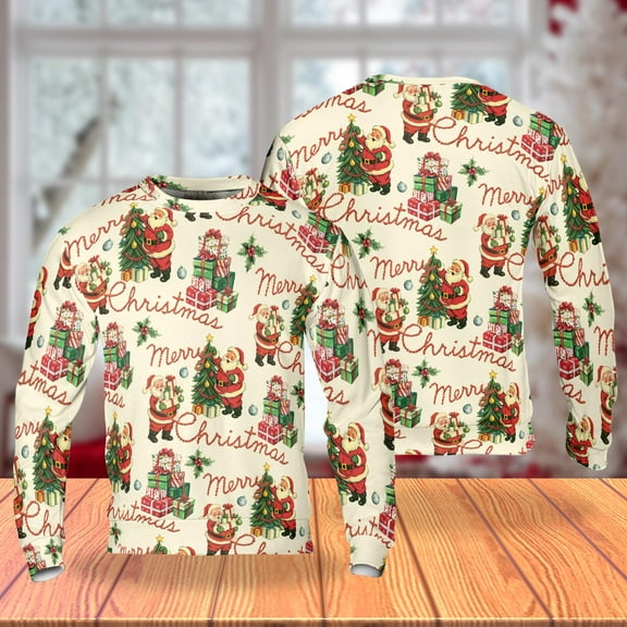 Vintage Santa Christmas Sweatshirt, Retro Holiday Crewneck, Santa with Gifts & Christmas Trees, Merry Christmas Text, Cozy Xmas Pullover for Men Women