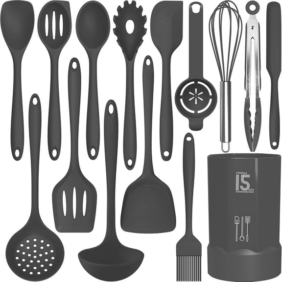 Visualz Silicone Cooking Utensils Set - 446°F Heat Resistant Kitchen Utensils,Spatula Sets,Turner Tongs,Spoon,Kitchen Utensil Gadgets Tools Set for Nonstick Cookware,Dishwasher Safe BPA Free (Gray)