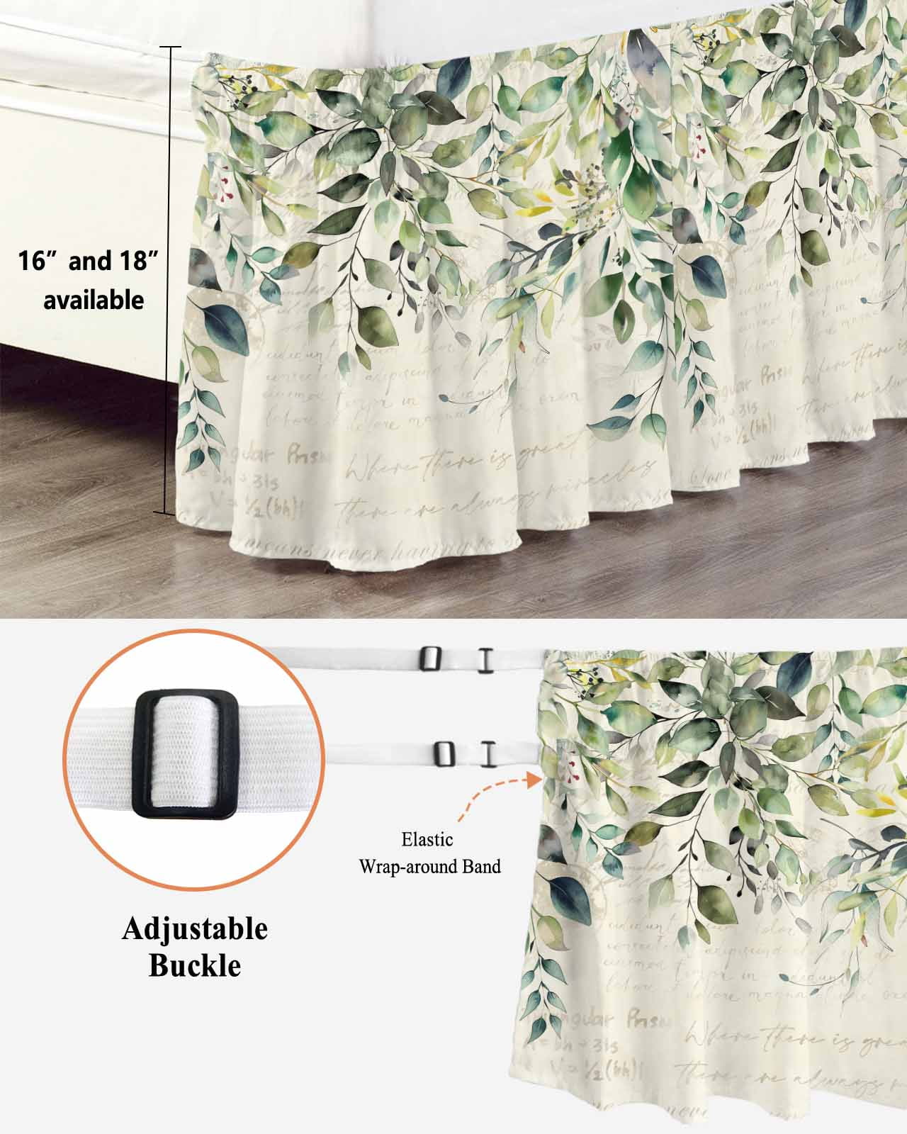 Pastoral Floral Plant Bed Skirt Queen Size 16" Drop Sage Green Eucalyptus Leaves Beige Ruffled Wrap Around Bed Skirts Adjustable Elastic Bedskirt Dust Ruffle for Queen Size Bed