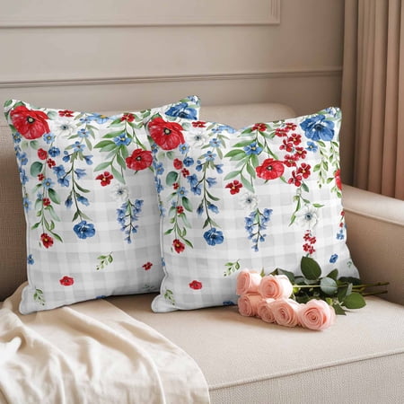 Outdoor Pillow Covers Set of 2 Pink Blue Flowers Decorative Throw Pillow Covers 18X18IN Independence Day Floral on Check Throw Pillows Protector Cushion Case for Patio Couch Sofa Garden