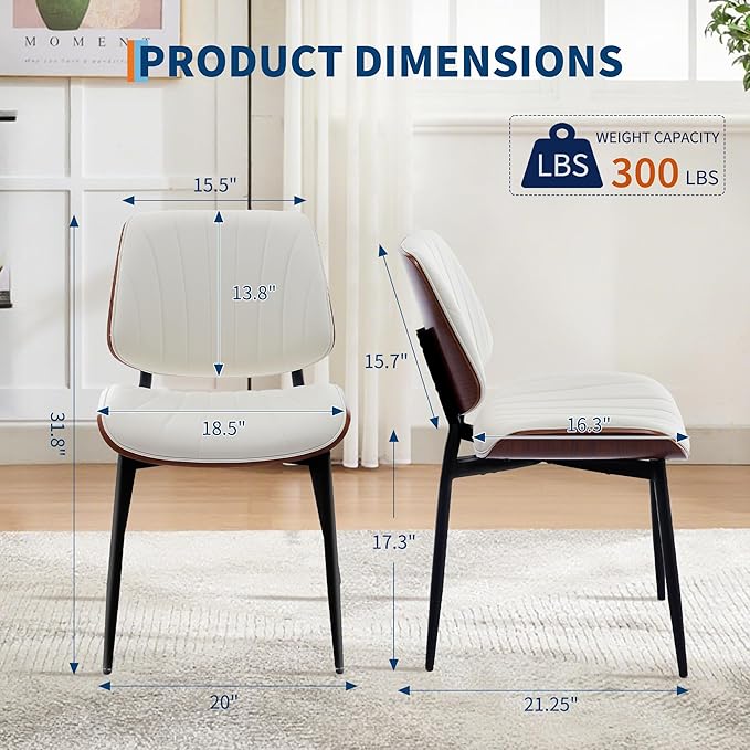 Dining Chairs Set of 2 - Mid Century Modern Upholstered Retro PU Leather Kitchen Chairs with Walnut Bentwood Back and Metal Legs for Dining Room and Kitchen, White Shell Strips