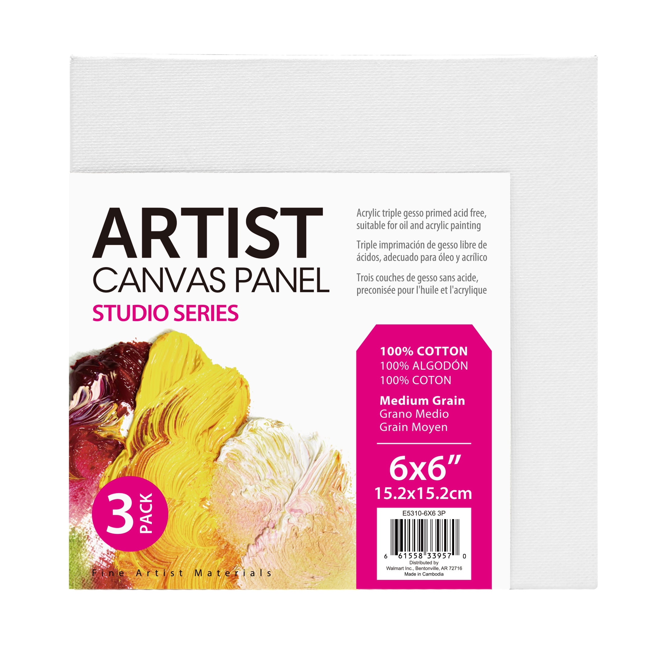 Studio Canvas Panel, 100% Cotton Acid Free Canvas, 6"X6", 3 Pieces