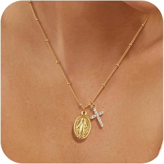 YMCSTONEMA Cross Necklace for Women Cross Pendant Gold, Cubic Zirconia Religious Virgin Mary Necklaces,   1 Count per Pack,Easter Religious Faith Jewelry Gift