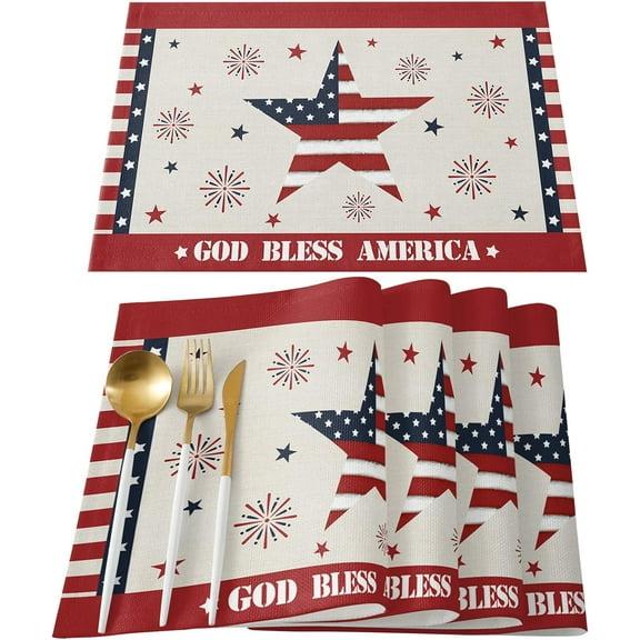 July 4th Placemats Set of 6- Red White and Blue Cotton Linen Heat Resistant Placemat Memorial Day Patriotic Washable Table Mats Party Summer Holiday Decorations for Kitchen Dining(God Bless America)