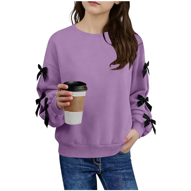 Sudadera con lazo de manga larga para niña, blusa informal de manga larga con cuello redondo, blusa de poliéster para niña