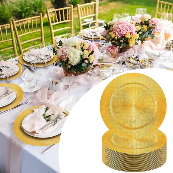 Flylapdo Golden Wedding Charger Plates 100-Pack, 13inch Wide PP Dining Charger with Texture, Bulk Pack for Banquets Receptions Cultural Celebrations