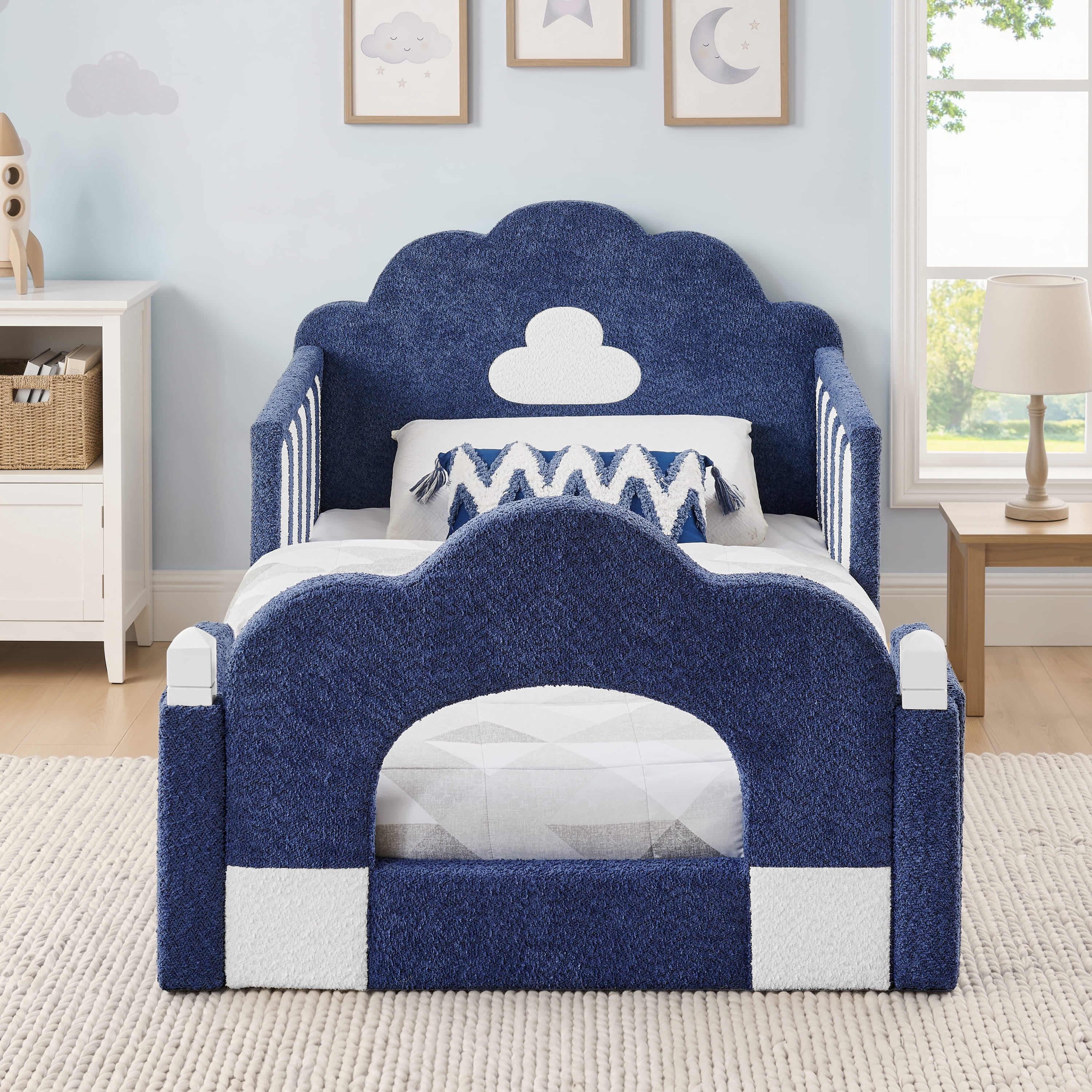 Wakefit Twin Size Kids Cloud Bed with Safety Guardrails,Boucle Upholstered Platform Bed Frame with Wood Slats,Cute Daybed for Girls Boys Bedroom,Sky Blue