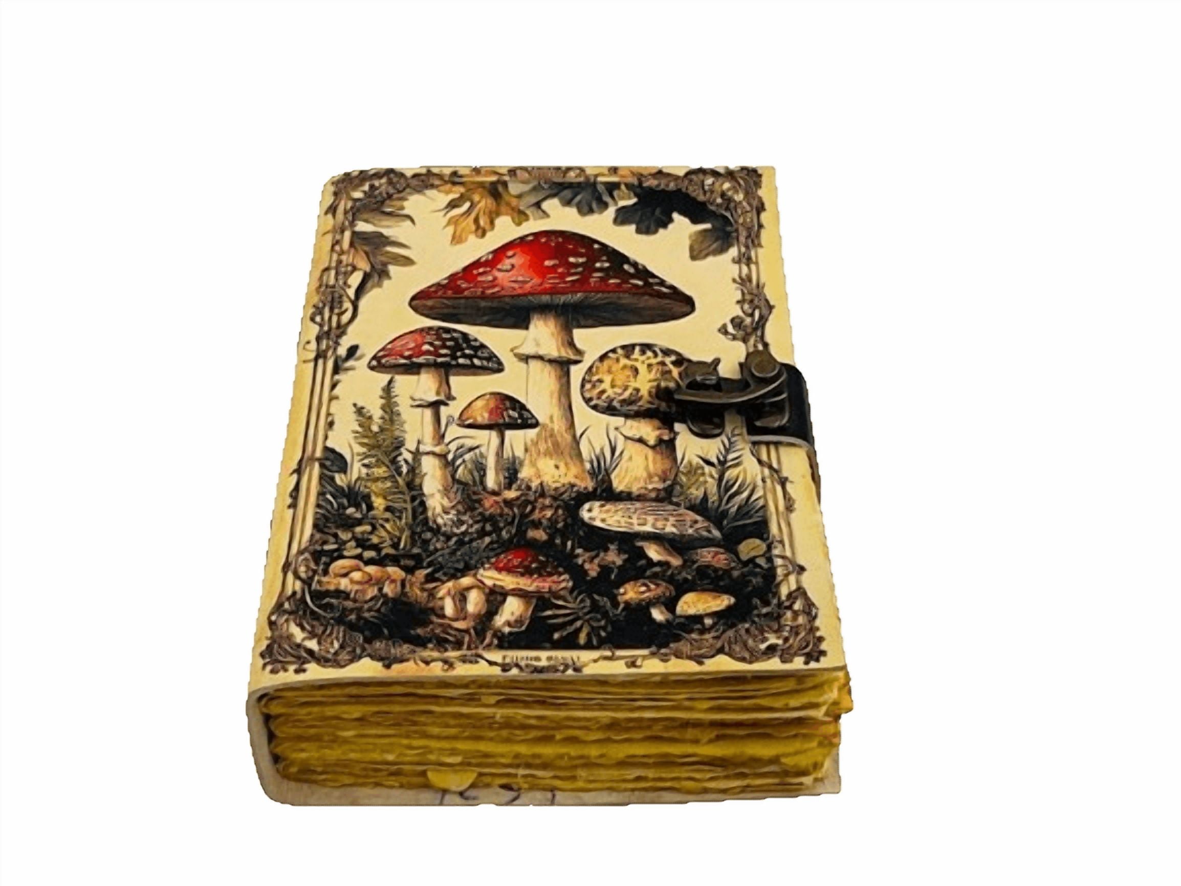 Vintage Mushroom Leather Journal, 5x7 Inch Handmade Notebook with Amanita Artwork, 200 Eco-Friendly Handmade Paper Pages, Antique Locking Diary for Writing & Sketching