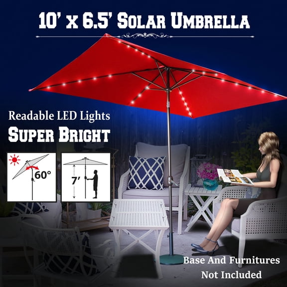 Sunny 10'x6.5' OUTDOOR SOLAR 26 LED LIGHTS ALUMINIUM PATIO UMBRELLA RECTANGLE TILT-BURGUNDY COLOR