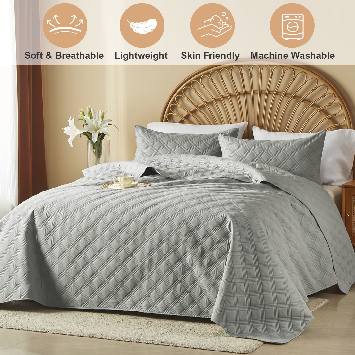 Davulos 3-Piece Thin Quilt King Size Gray Lightweight Bedding Quilt Sets Summer Bedspread Coverlet with 2 Pillow Shams