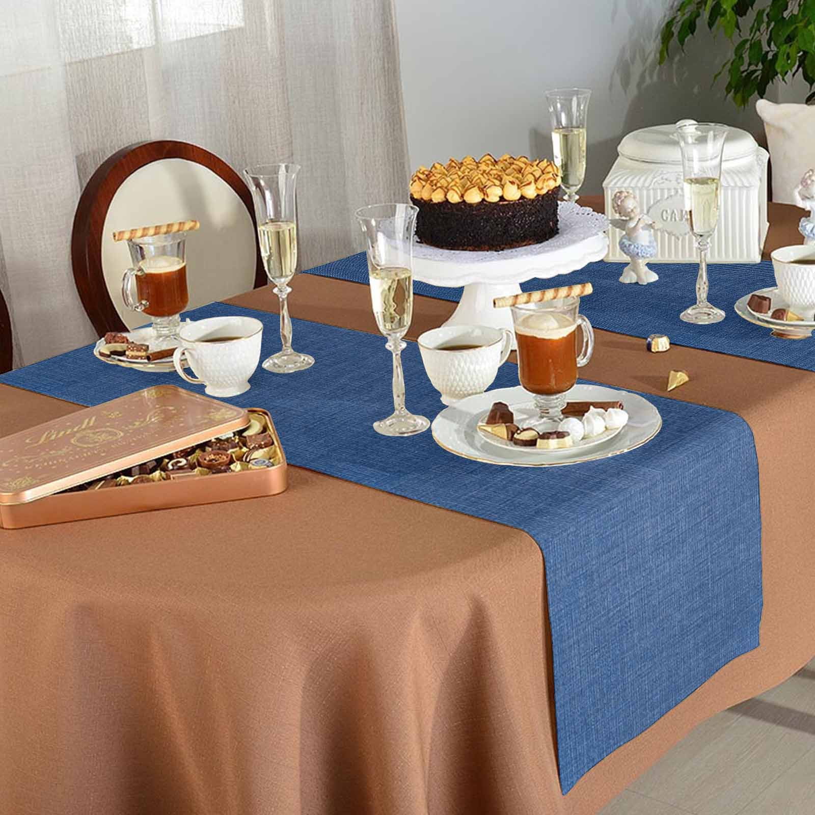 Table Runner 120 Inches Long for Kitchen Dining, Dark Blue Dresser Scarf Farmhouse, Dining Table Decorations for Wedding/Parties, Farmhouse Burlap Solid Color Blue Modern Linen Texture 13 x 120 In