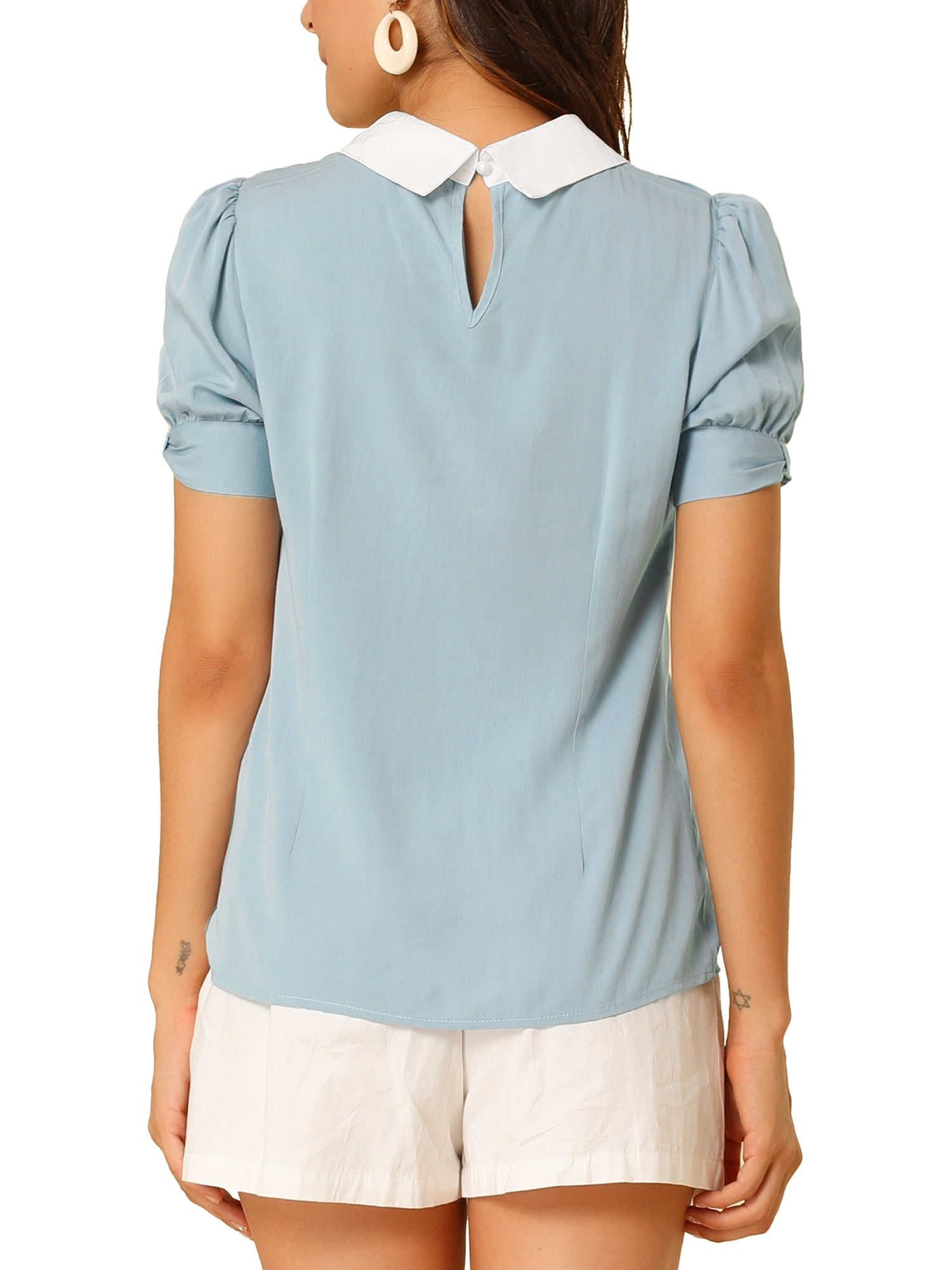 DARING DIVA Peter Pan Collar Contrast Puff Blouse Top M Blue