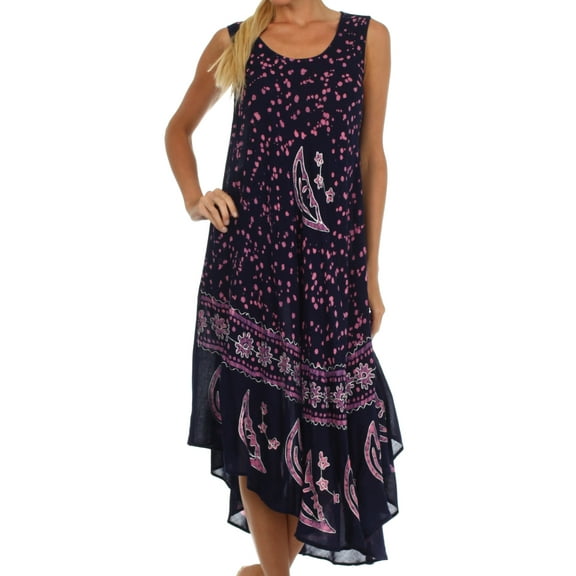 Sakkas Moon and Stars Batik Caftan Tank Dress / Cover Up - Navy / Pink - One Size